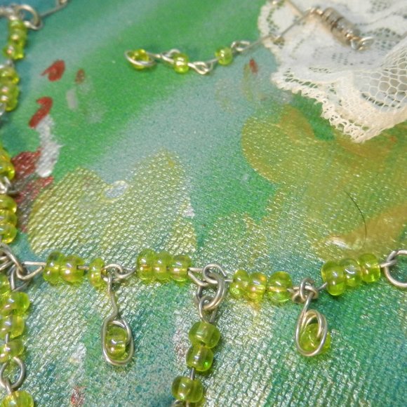 VTG Hand Crafted silver necklace OOAK green silver tone drop and dangle bolo bow - Picture 4 of 7